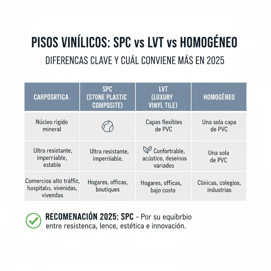 Diferencias clave entre pisos SPC, LVT y homogéneos — cuál conviene más en 2025